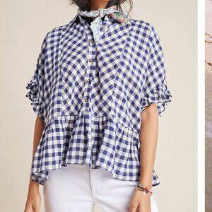 Maeve Anthropologie Linen Blend Flounced Gingham Blouse S Blue White Peplum Boho